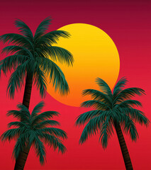 Vibrant sunset with palm trees against colorful gradient background