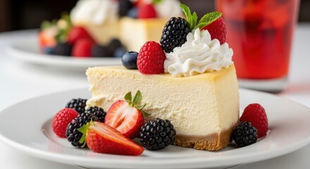 A slice of cheesecake topped with fresh berries and whipped cream