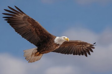 Obraz premium Bald eagle gliding gracefully through the clear blue skies of Colorado during a sunny afternoon, showcasing its majestic wingspan and strength while searching for prey