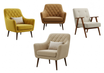Collection of four modern armchairs in different colors and styles isolated on transparent background