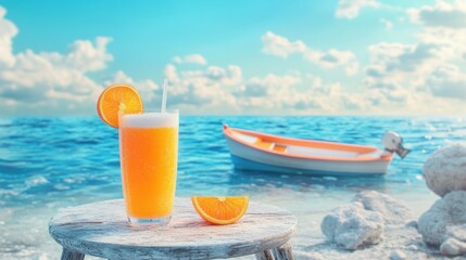 Refreshing orange juice by the sea