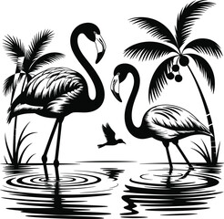 Tropical flamingos in lagoon, palm trees, exotic birds, black and white silhouette art, wildlife nature scene, summer beach decor illustration