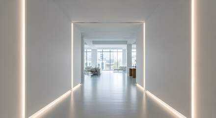 Modern minimalist hallway with integrated LED lighting leading to a bright, open living space.