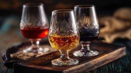 Three glasses with alcoholic drinks on a tray, burlap background, used for celebration