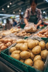 Morning in a busy grocery store with customers nearby A staff member is replenishing bags of potatoes and onions The mood is quick and efficient, Generative AI