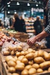 Morning in a busy grocery store with customers nearby A staff member is replenishing bags of potatoes and onions The mood is quick and efficient, Generative AI