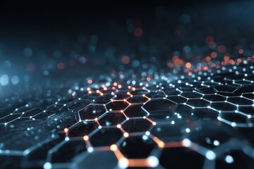 Fototapeta premium Abstract representation of medical technology featuring interconnected hexagons illuminated with blue and orange lights set against a dark background