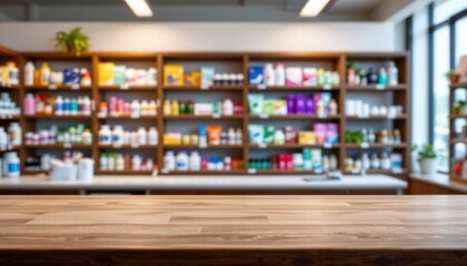Modern pharmacy interior with wooden counter, shelves filled with colorful medicine products, and bright natural light from windows
