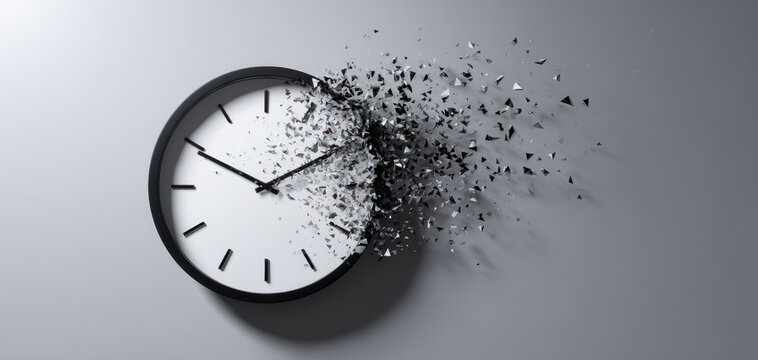 The clock exploding into fragments representing the passage of time.