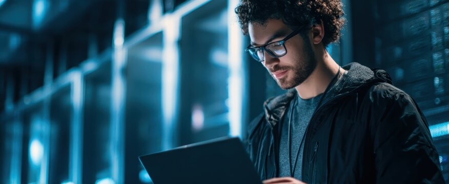 The focused young man examines data on a laptop in a server room.