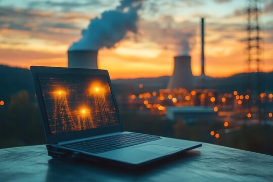 Sunset view of a laptop displaying data in front of a power plant with smokestacks