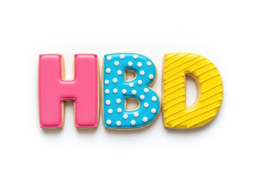 Hbd birthday cookies isolated on white background