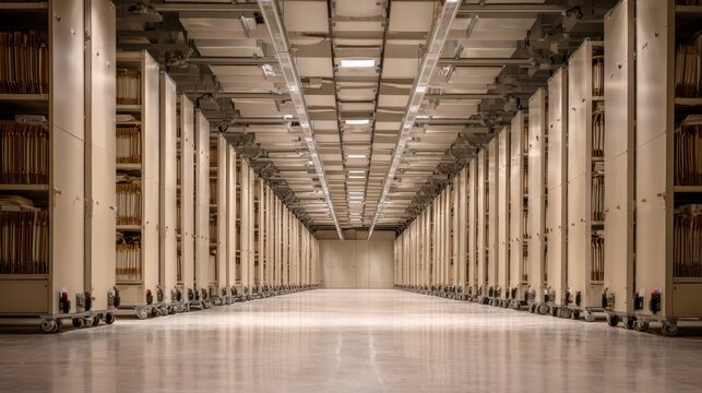 Archive shelving with files in a row; long empty aisle; search concept, storage
