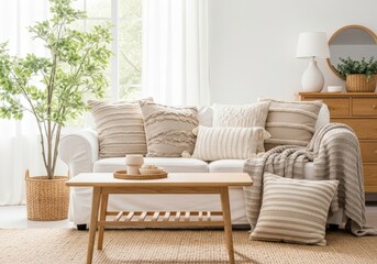 Cozy living room with a sofa, coffee table, and plant
