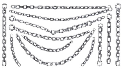 Various metal chains against white background