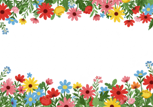 Colorful floral border with blooming flowers and green leaves, perfect for spring or summer designs, isolated on transparent background