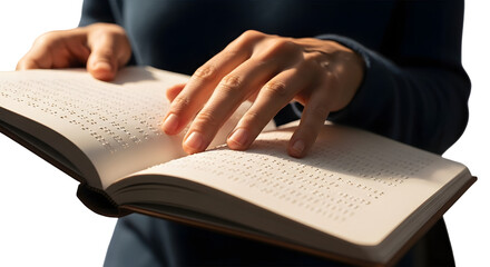 Persons hands reading a book with braille text, isolated on transparent background