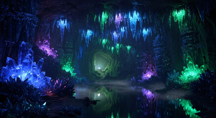 Obraz premium Mystical Crystal Cavern with Glowing Blue Green and Purple Formations.