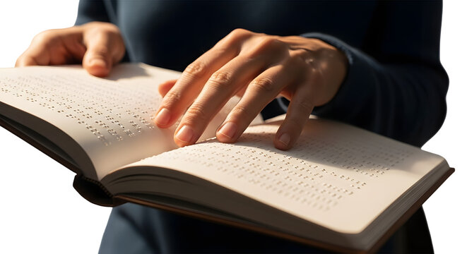 Persons hands reading a book with braille text, isolated on transparent background