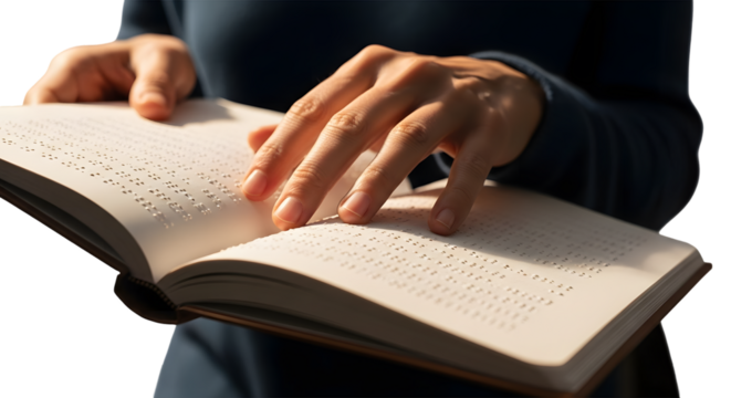 Persons hands reading a book with braille text, isolated on transparent background - Powered by Adobe