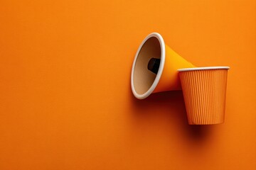 Creative referral marketing concept featuring two colorful cups against an orange background highlighting the potential of word-of-mouth promotions and customer engagement strategies