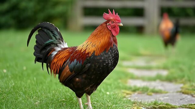 Rooster Standing On Green Grass