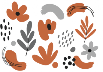 Abstract organic shapes and floral elements in warm colors on transparent background