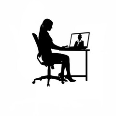 Focused asian female executive working on laptop silhouette isolated on white background