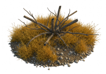 Dry grass bush with dead branches and pebbles isolated on transparent background