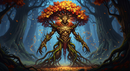Mythical autumn treant with a gnarled wooden body multiple glowing eyes and a crown of fiery orange leaves.