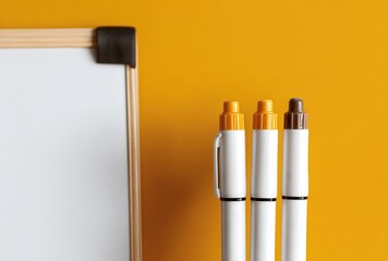 Marker Pens and Whiteboard on Yellow Background Education and Office Tool Close-up