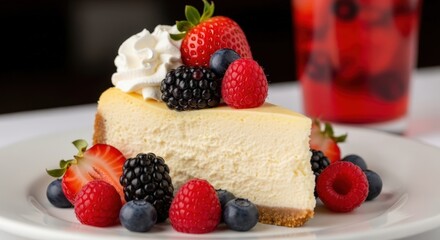 Slice of cheesecake with fresh berries and whipped cream