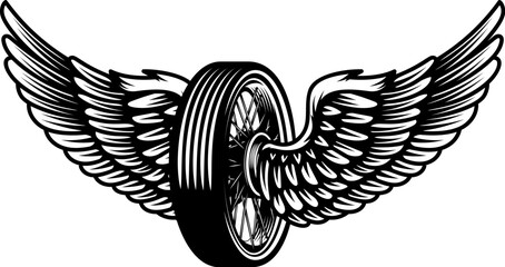 Motorcycle wheel with wings isolated on white background. Design elements for logo, label, emblem,sign. Vector illustration