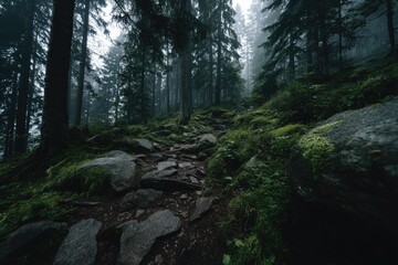 Obraz premium Misty forest path winds through rocky terrain