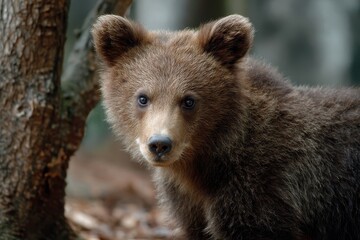 Fototapeta premium Wild brown bear cub portrait captured in a forest setting showcasing its curious expression and natural habitat during the golden hour of daylight