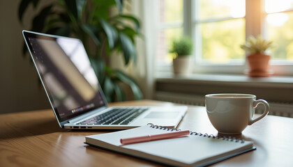Fototapeta premium Cozy workspace with laptop, notebook, and coffee showcasing work from home environment. Work from home environment includes a laptop, notebook for notes, and a steaming cup of coffee.