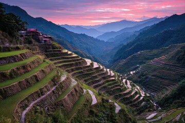 Lush terraced rice paddies in a valley at sunset