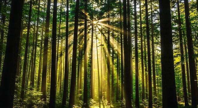 Sunbeams shining through tall trees in a dense forest