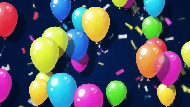 Colorful balloons float, confetti falls, dark background; party celebration
