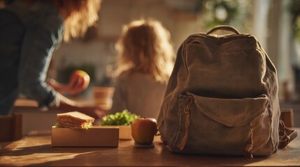 Mother preparing backpack and lunchbox for child's school day
