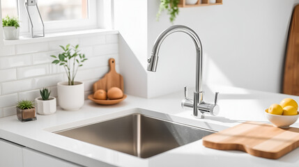 Modern kitchen sink with chrome faucet, white tiles, fruits, plants and wooden cutting board on the countertop.
