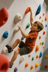 Fototapeta premium Young boy climbing indoor bouldering wall with colorful holds – perfect for kids sport and activity promo, children indoor sport, ADHD sport therapy