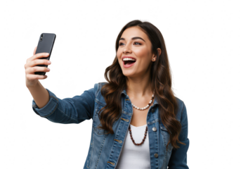 Young woman taking a selfie with her smartphone, smiling and happy, isolated on transparent background