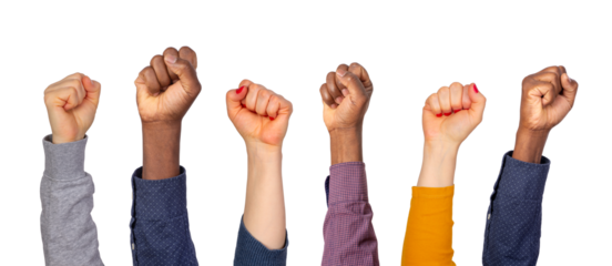 Holding fists up in the air isolated on white or transparent background 