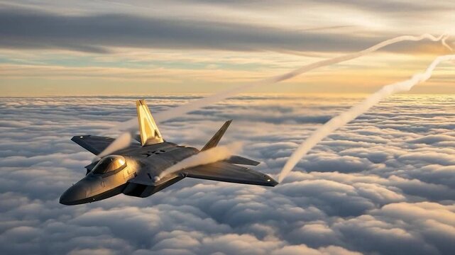 F-22 Raptor Stealth Fighter Jet Soaring Above Clouds at Sunset