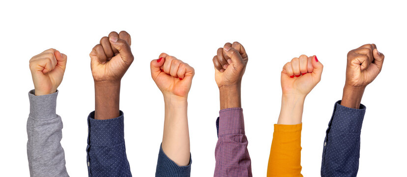 Holding fists up in the air isolated on white or transparent background 