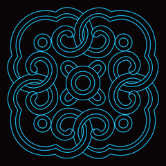 Abstract symmetric knot pattern shows intricate looping lines and ornate scrolls.