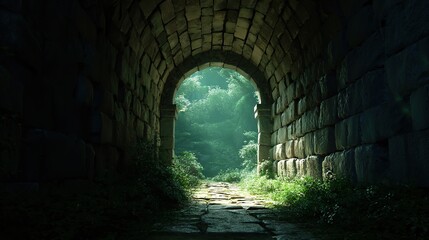 Obraz premium The tree-lined stone tunnels and paths leading to openings above ground are flanked by ancient weathered brick walls, creating a mysterious historical atmosphere.