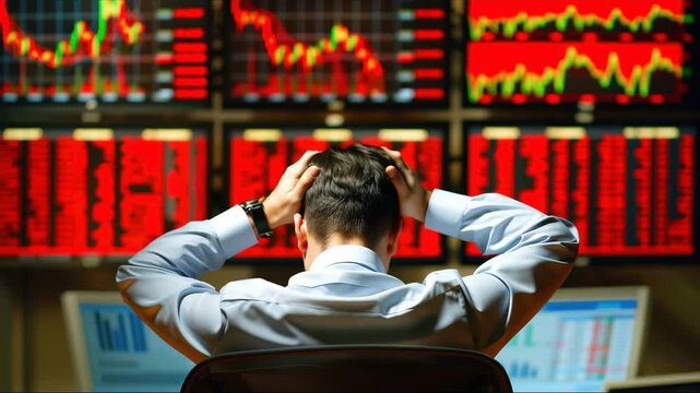 Mature financial analyst looking at computer with graphs and feeling frustrated grabs his head with his hands. Stressed trader worry about loosing money in stock market
