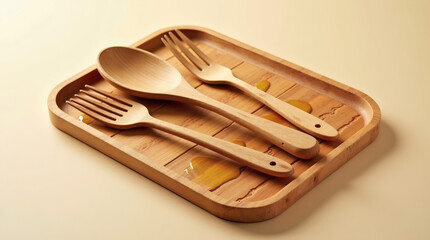 Wooden kitchen utensils including a intricately carved wooden spoon and a fork with delicate handle details are arranged in a deliberate pattern on a warm-toned wooden honey tray